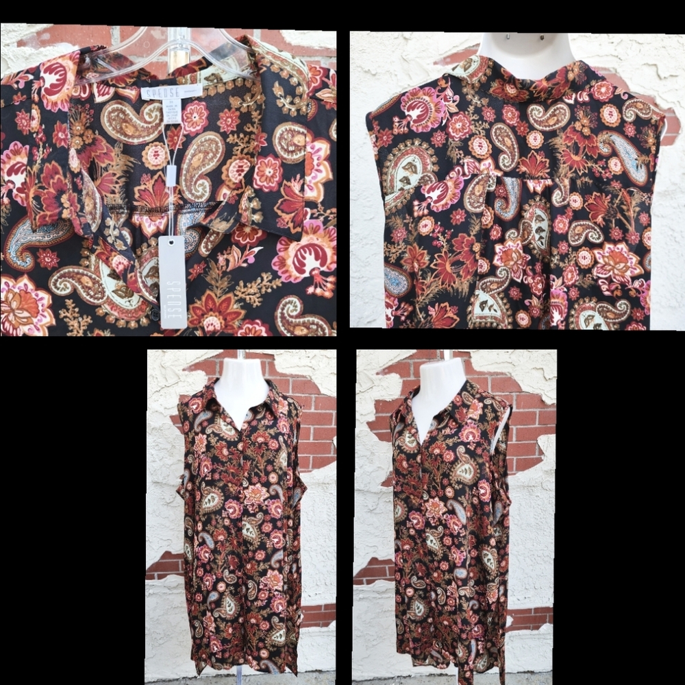 3X Tall New SPENSE sleeveless long tunic button shirt collar paisley floral